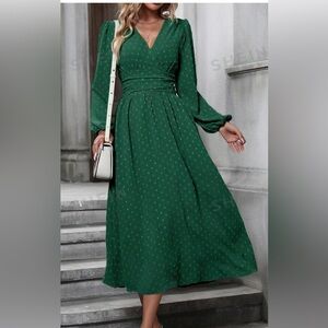 - SHEIN Clasi Swiss Dot Surplice Neck Lantern Sleeve Dress